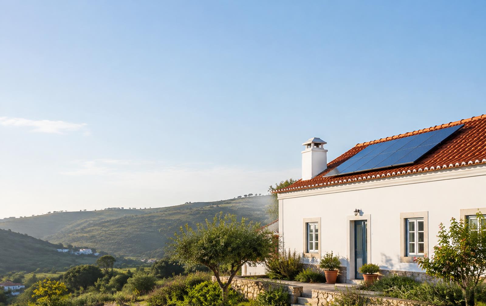 Moradia portuguesa com painéis solares no telhado